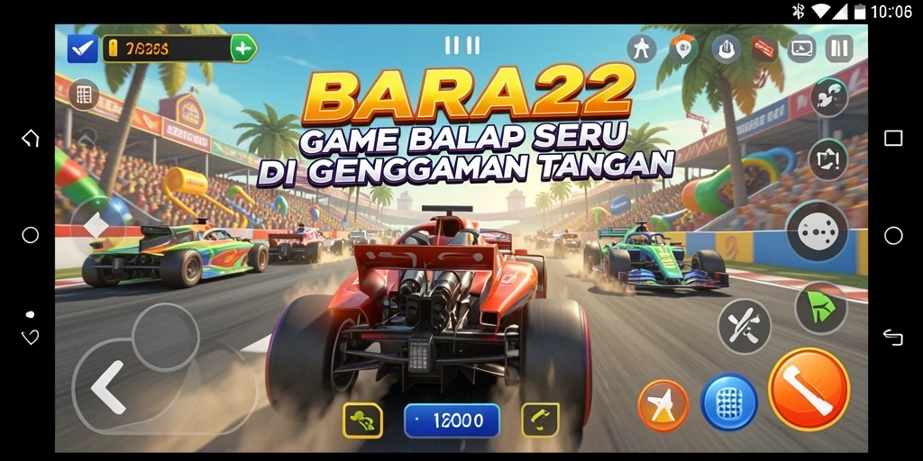 Tampilan gameplay balap seru dalam BARA22 dengan mobil yang melaju kencang.