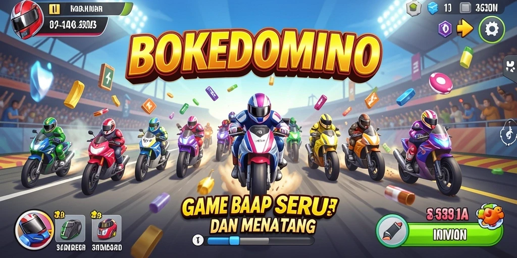 Screenshot utama BOKEDOMINO menampilkan aksi balapan yang mendebarkan.
