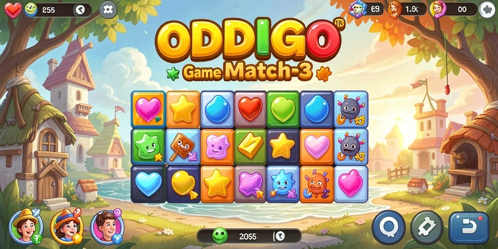 Tangkapan layar utama ODDIGO menampilkan gameplay mencocokkan objek yang seru.